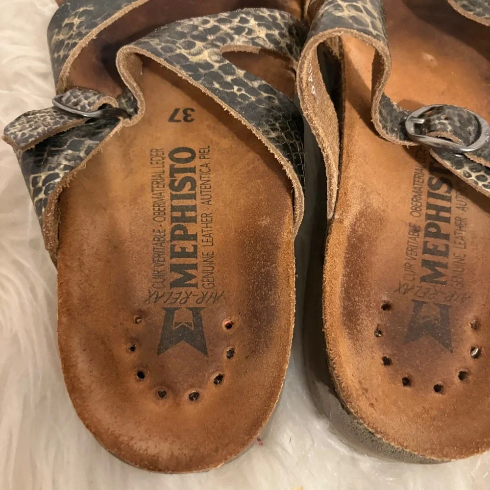 Mephisto Womens Helen Snakeskin Print Leather Buckle Slide Sandals Size 37 US 7
